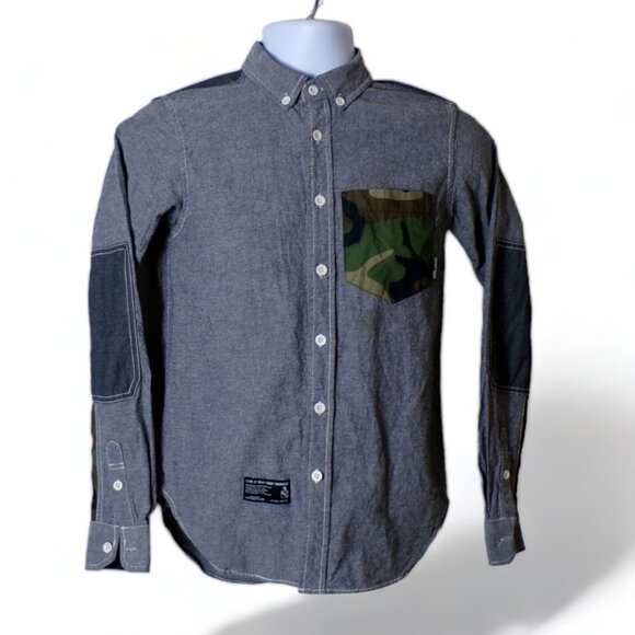 izzue Camo Pocket Denim Patchwork Shirt IZ-X04-ARMY Size Small #663 - Picture 1 of 15